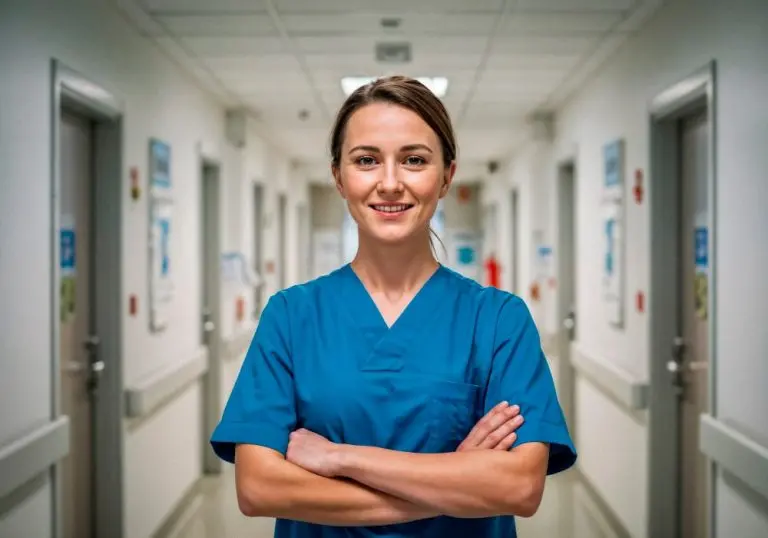 Infirmière dans un couloir d'hôpital.