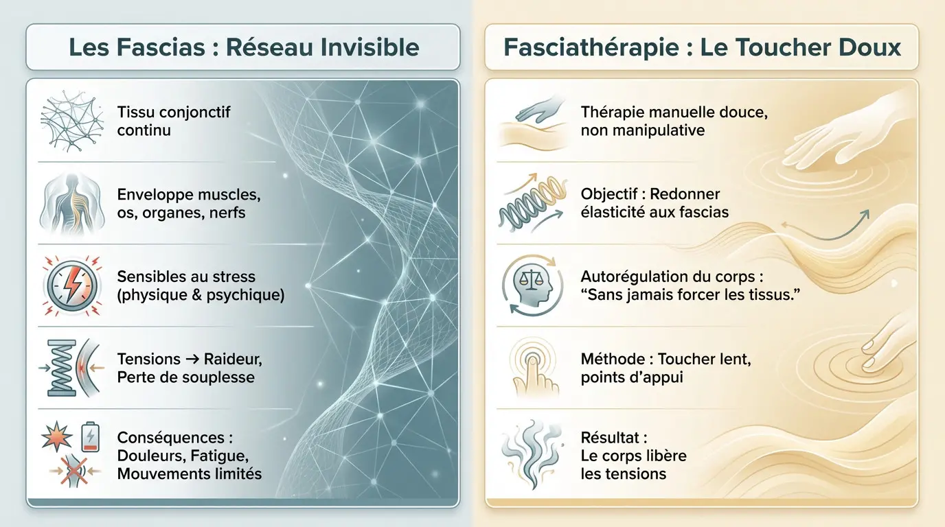 Explanatory diagram of the fascia and the principle of fasciatherapy on the human body